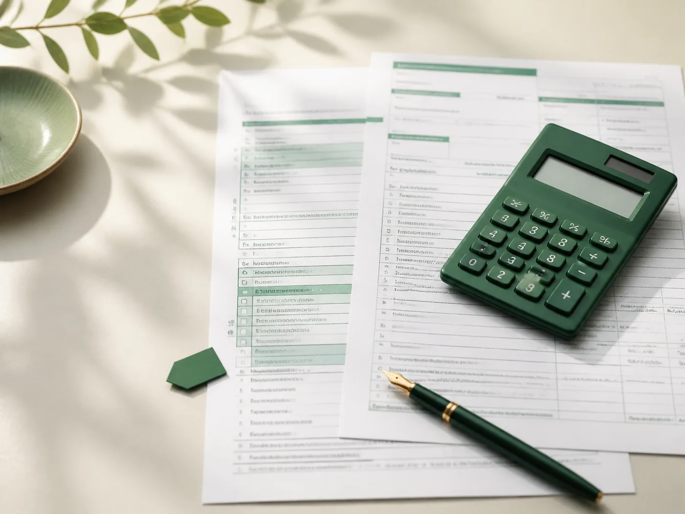 Documents fiscaux et calculatrice verte sur un bureau clair